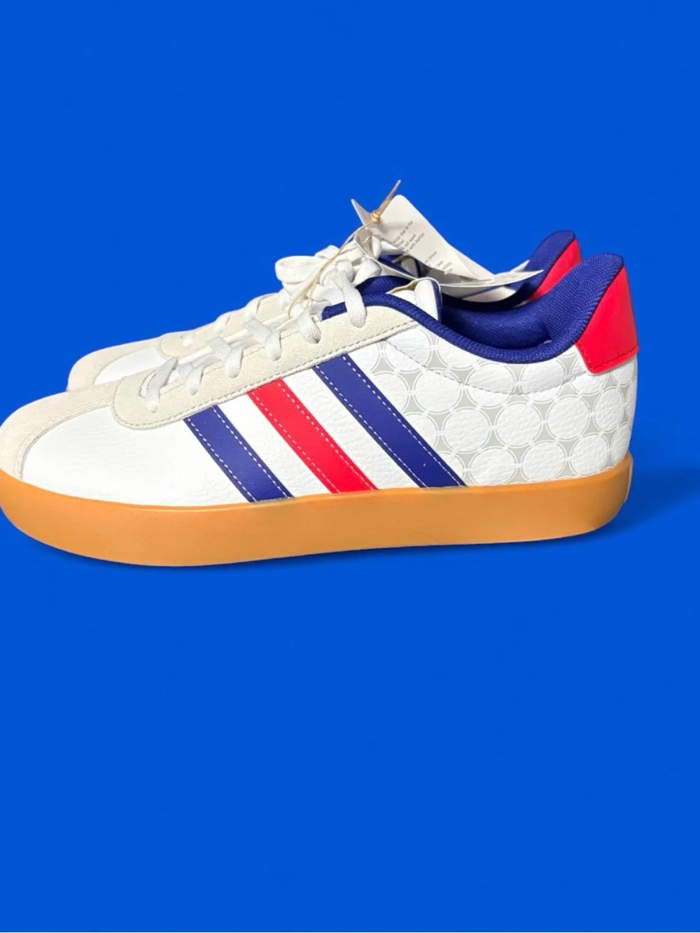 adidas Kids White Sneakers with Red & Blue Stripes
